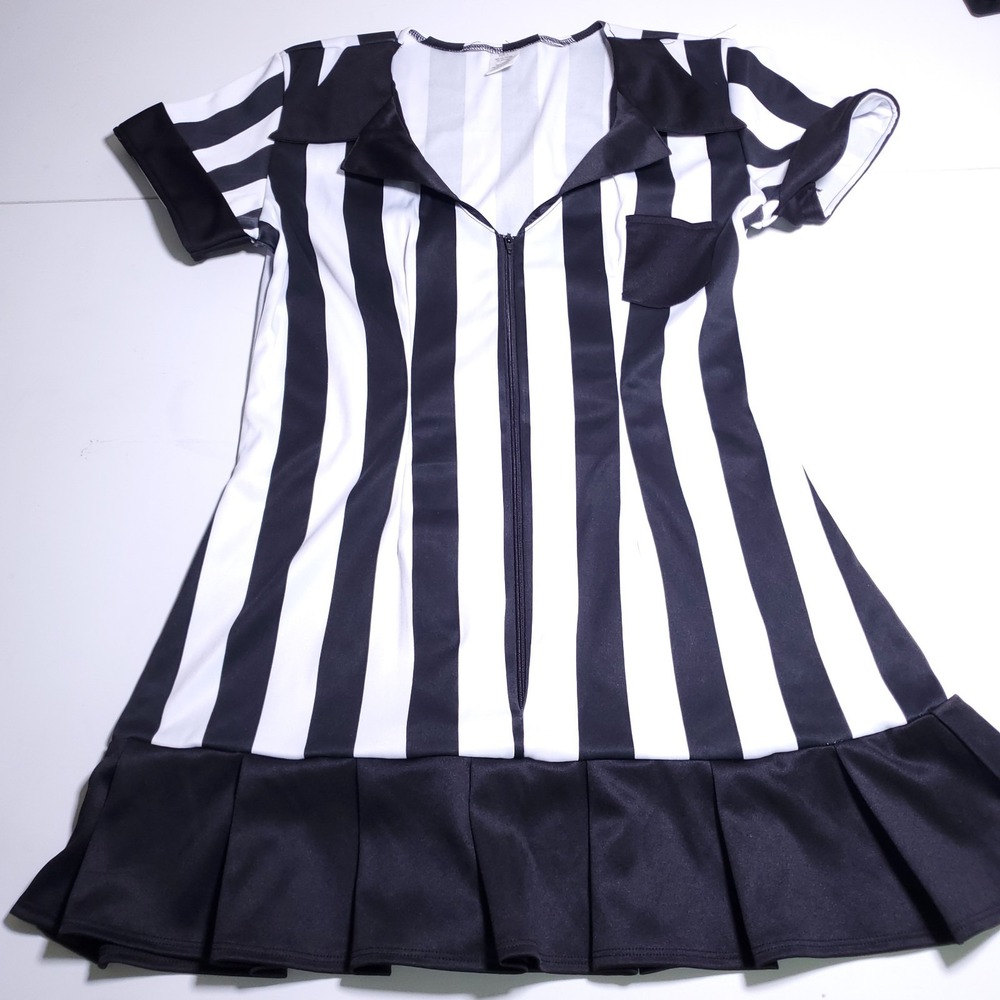 Womens Large Referee Dress Costume Halloween Black White Striped